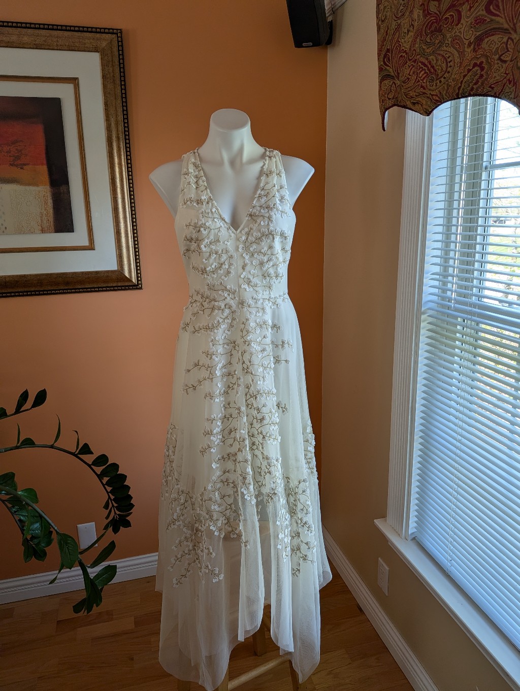 Bcbgmaxazria Ivory Beaded V-Neck Maxi Dress
